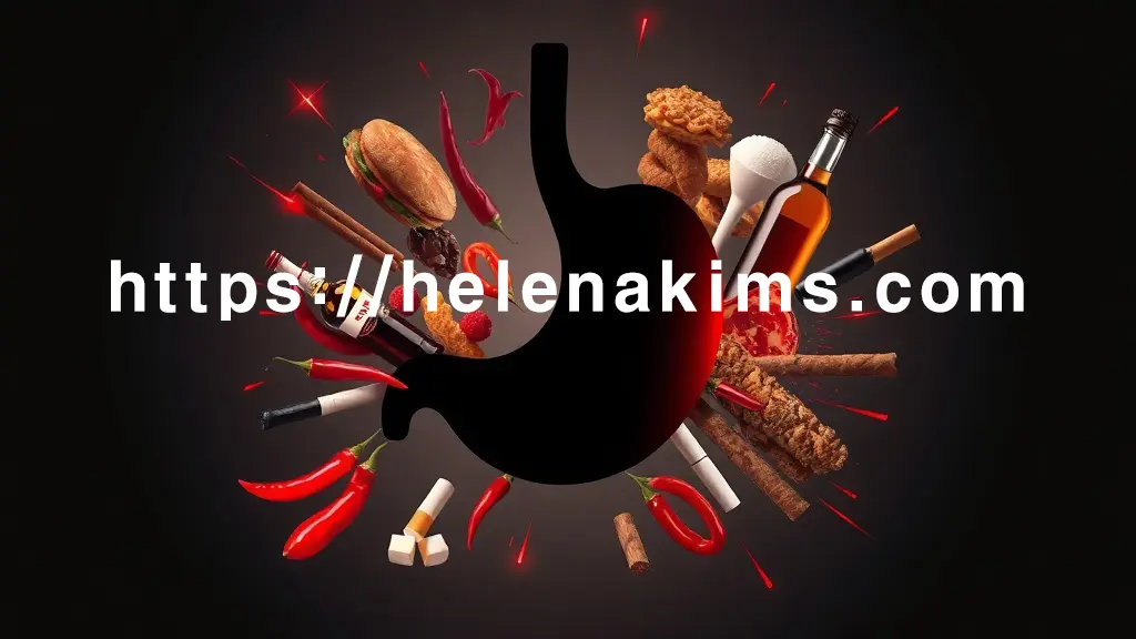 어둡고 톤 다운된 배경 중앙에 위(stomach)의 실루엣이 자리한다. 위를 공격하는 듯한 배치로 매운 고추, 기름진 튀김, 탄산음료, 과도한 설탕 큐브, 술병 및 담배 등이 표현 되어 있는 이미지,