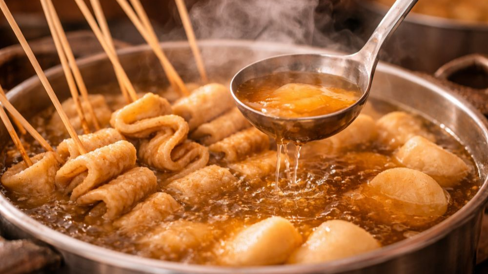 뜨거운 국물에 담긴 꼬치어묵과 국자로 퍼 올려지는 어묵 육수, 겨울철 따뜻한 간식 분위기