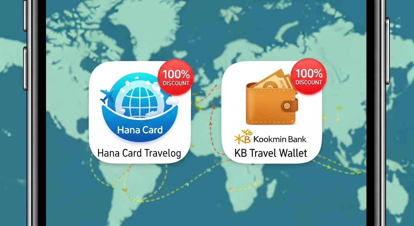 Hana Card Travelog and KB Travel Wallet app icons side by side with '100% Discount' badges and a world map background.