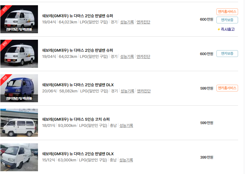 쉐보레 다마스 중고차 가격 시세표 24년 10월