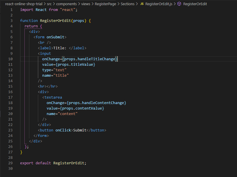 presentational component 로 사용핧 RegisterOrEdit