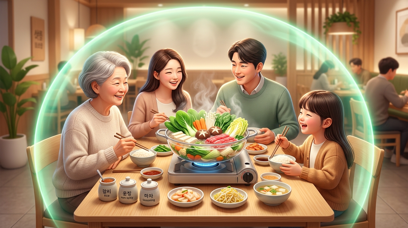 암 환자의 안전한 외식 방법과 영양 수칙을 표현한 3D 의학 일러스트레이션. 식당의 깨끗한 테이블 위에 차려진 자극 없고 담백한 샤부샤부 요리와 자극적인 양념이 따로 분리되어 담긴 그릇 주변을 초록색 면역 보호막이 든든하게 감싸고 있는 모습. 온화하고 밝은 햇살 조명이 식탁 위를 따뜻하게 비추고 있어, 보호자의 세심한 조리법 변경 수칙과 배려가 췌장암 세포를 이겨내는 행복한 심리 치료제임을 시각적으로 설명함.