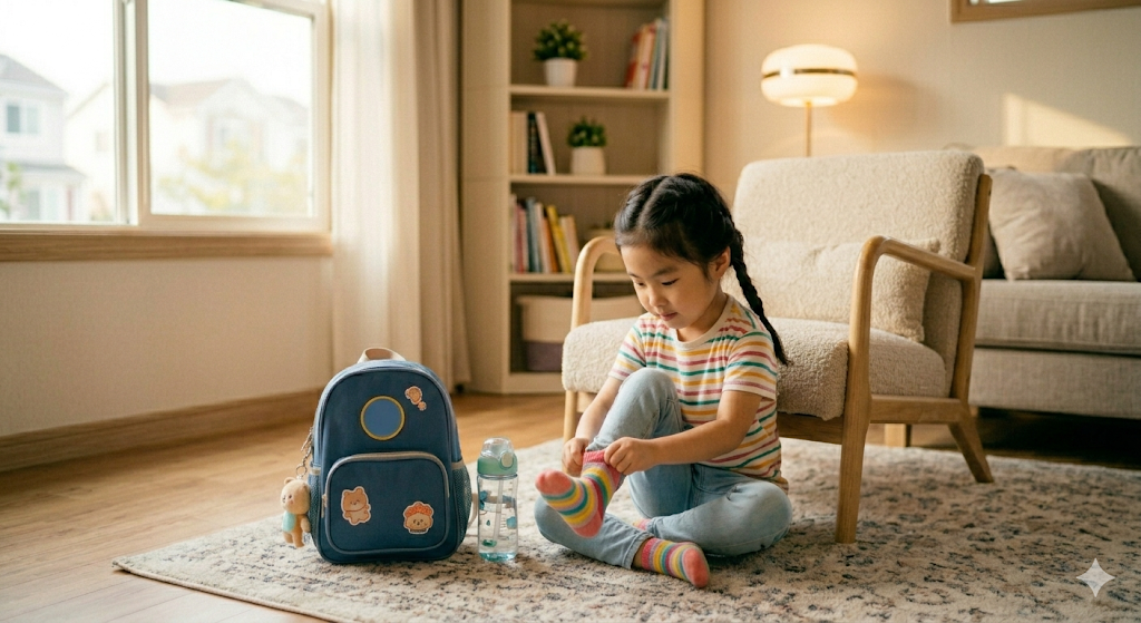 아이가 유치원 등원 준비를 하며 스스로 양말을 신는 모습