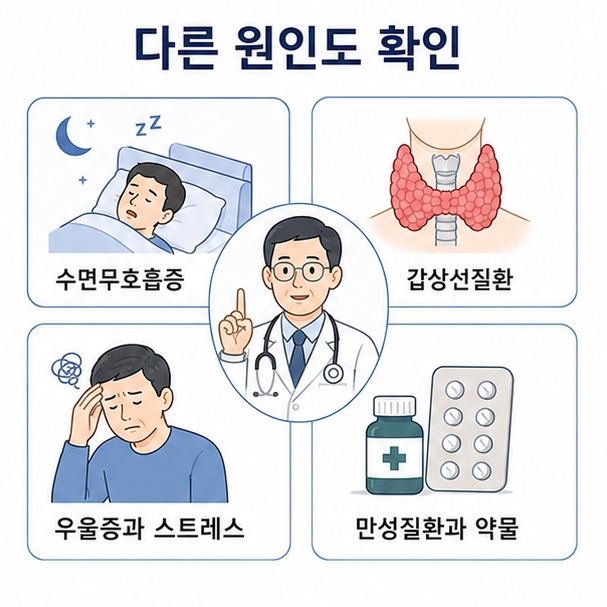 남성 갱년기와 비슷한 증상을 만들 수 있는 수면무호흡증과 갑상선질환, 우울증, 만성질환을 함께 확인하는 모습을 정리한 이미지