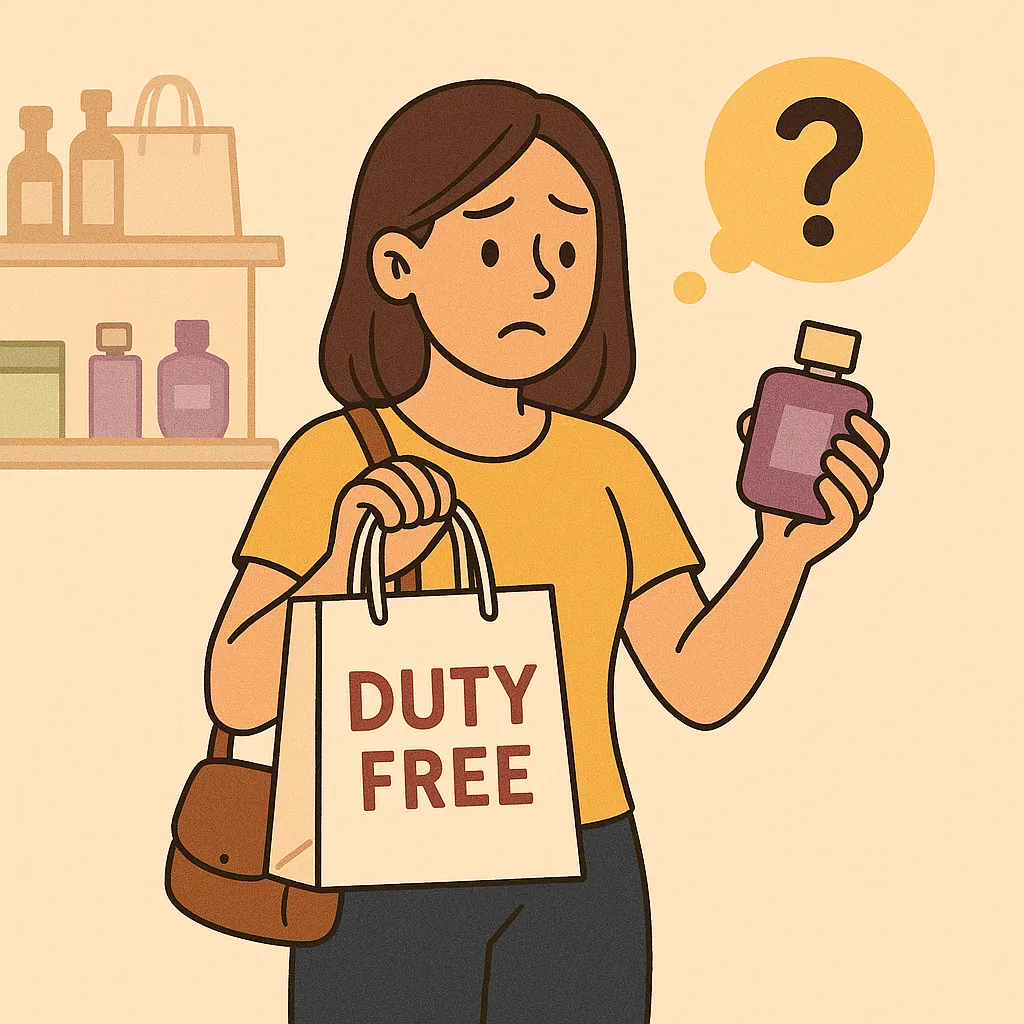 면세점-쇼핑에서-구입한-상품이-정말-저렴한지-의문을-가지고-고민하는-모습을-표현한-이미지