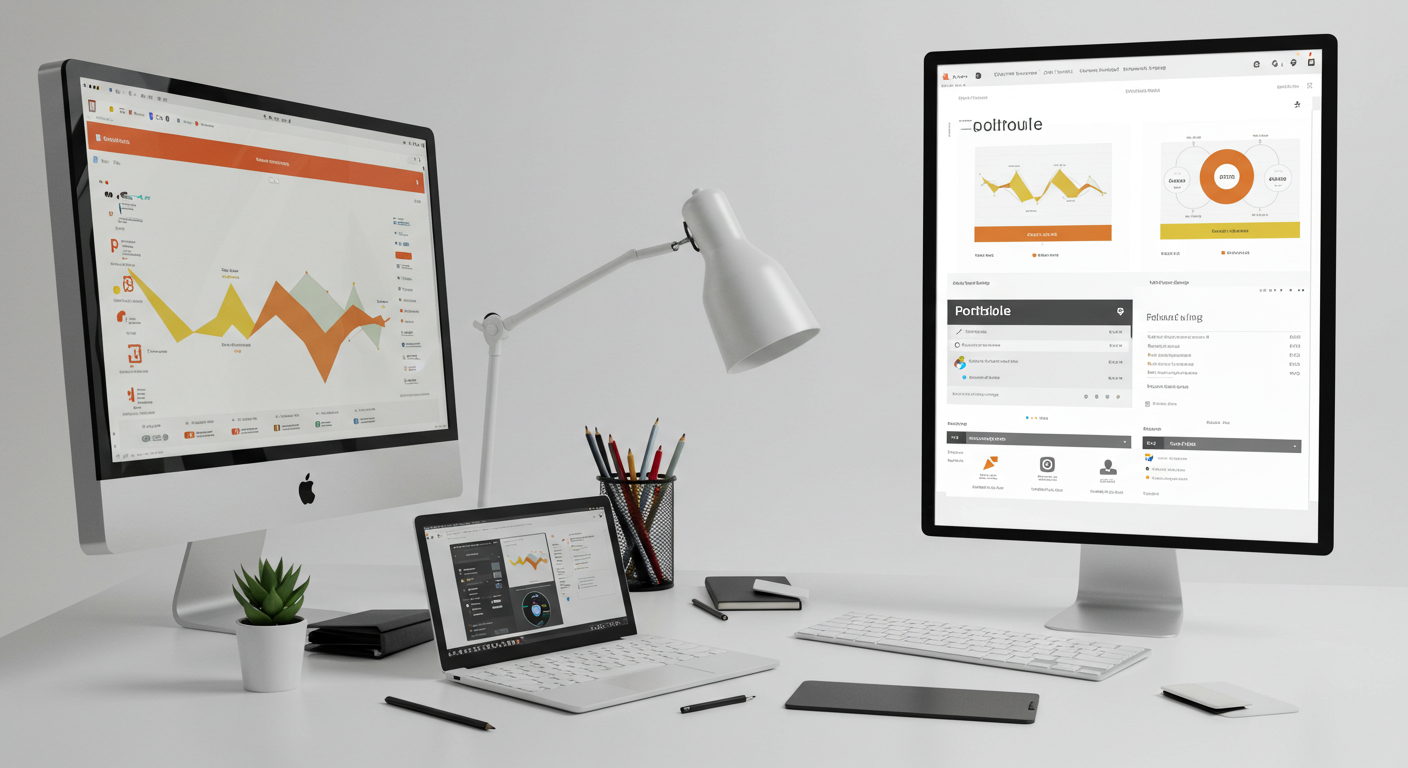 사무실,포트폴리오 페이지가 보이는 데스크탑