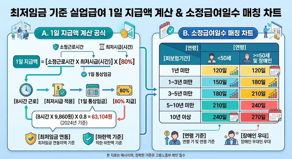 최저임금 기준 실업급여 1일 지급액 계산 공식과 소정급여일수 매칭 차트