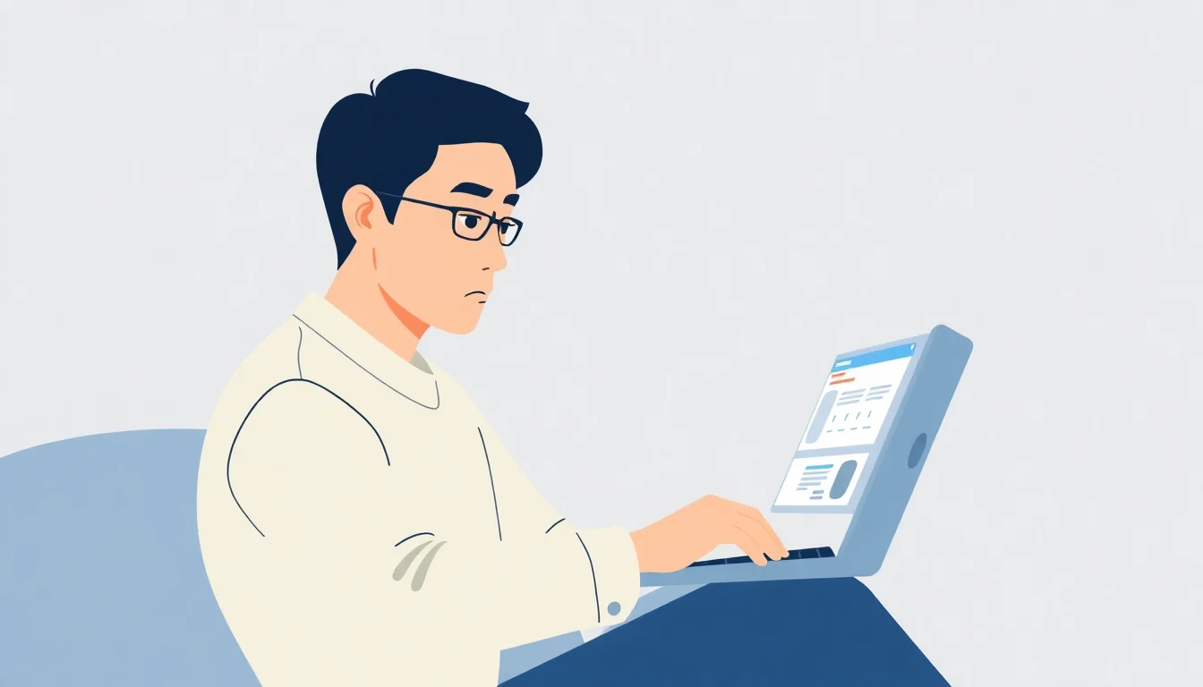 한국인 남성이 노트북으로 대출을 알아보고 있다. 여러 개의 브라우저 탭이 열려 있고, 남성은 약간 찡그리고 있다. 방은 어둡고, 화면 빛만 보인