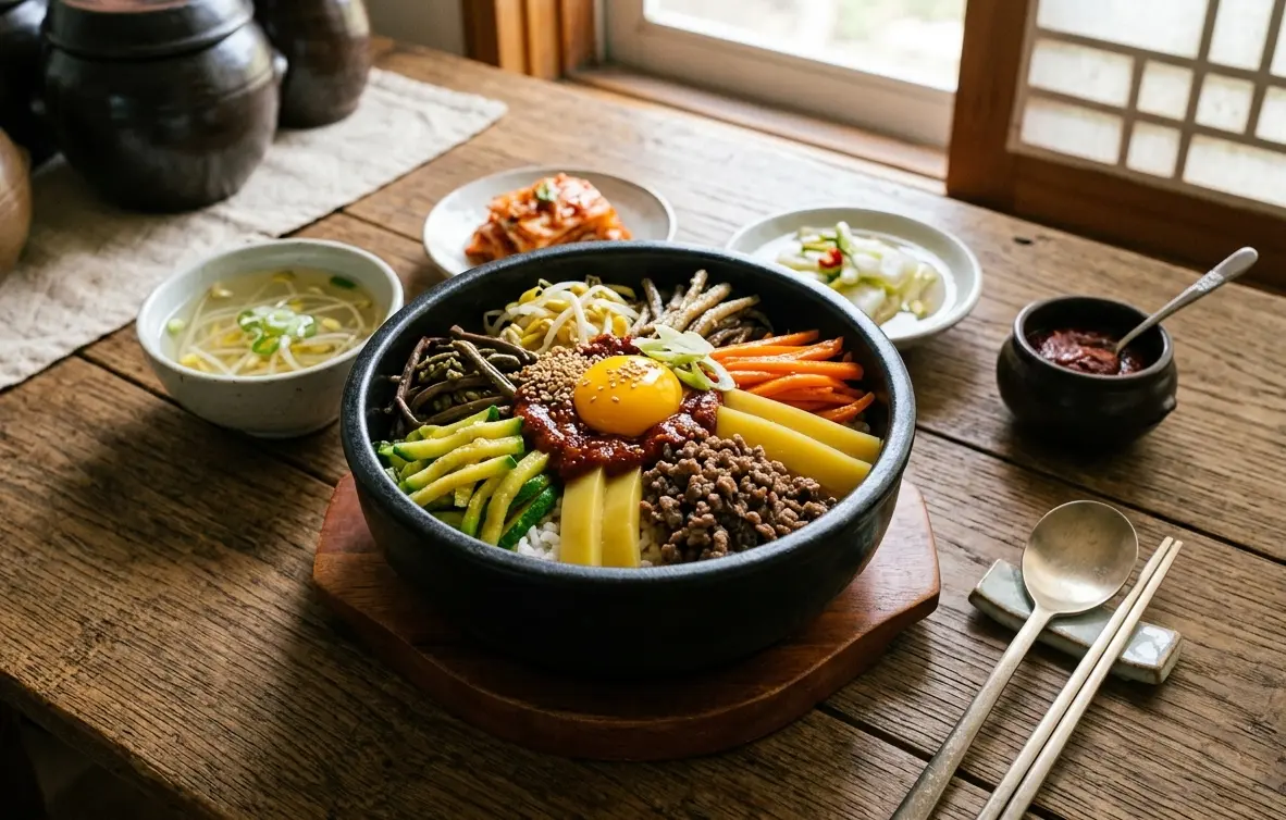 볶은 소고기 그리고 색감나는 나물 위에 양념장을 올리고 계란 노른자를 포인트로 올린 그림같은 전주비빔밥