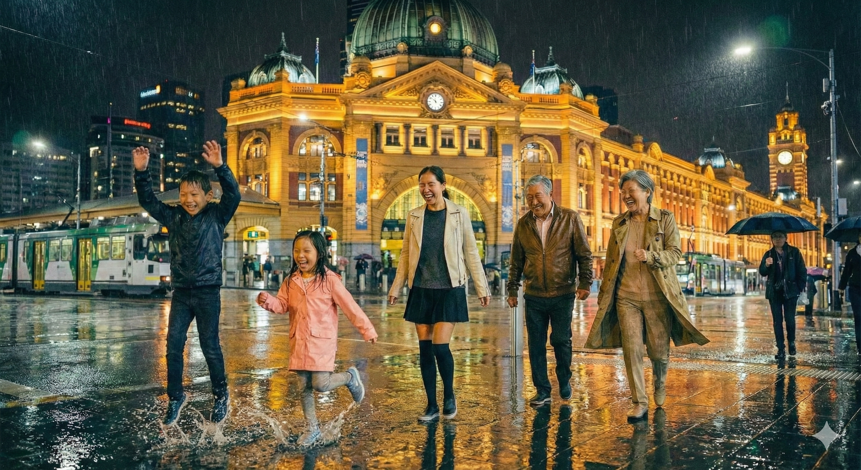 우산 없이 빗 속을 걷는 가족의 즐거운 표정