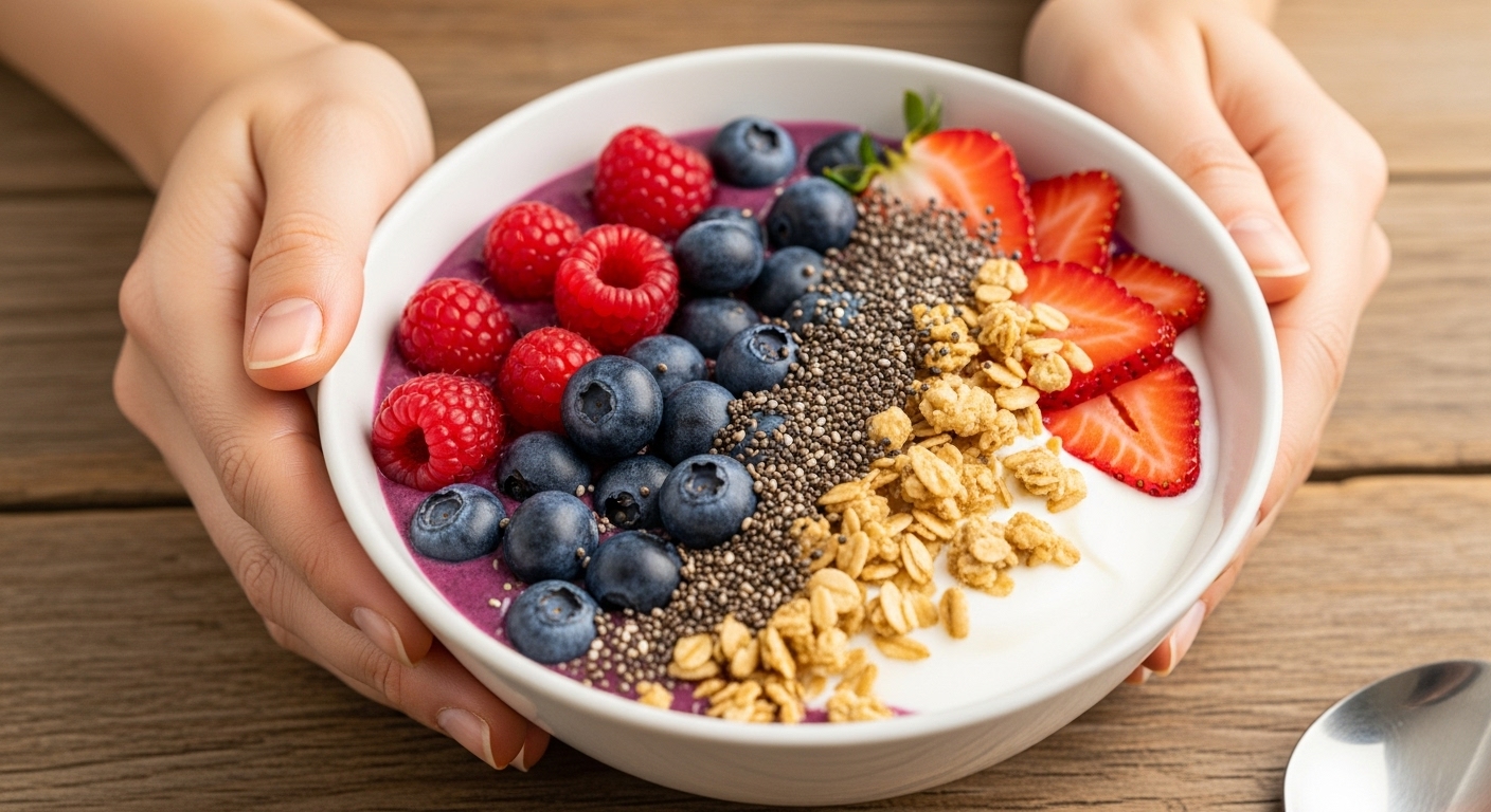 신선한 베리, 치아씨드, 그래놀라가 토핑된 그릭 요거트 스무디 볼을 든 40대 한국 여성의 손.