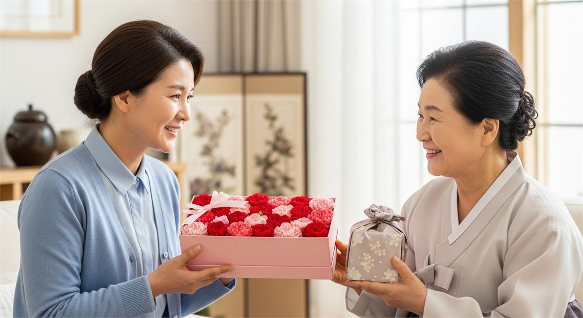 딸이 어머니에게 카네이션과 선물가방을 건네는 모습