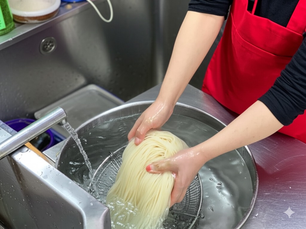 삶아진 당면을 찬물에 헹구는 모습