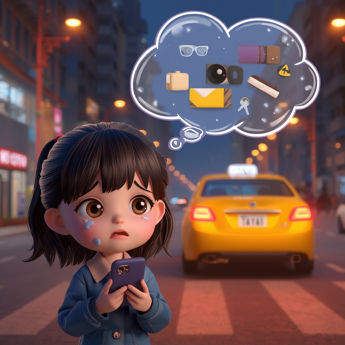 택시에서 물건을 두고 내린 상황&amp;#44; 휴대폰으로 분실물 신고를 시도하는 여성 캐릭터 일러스트