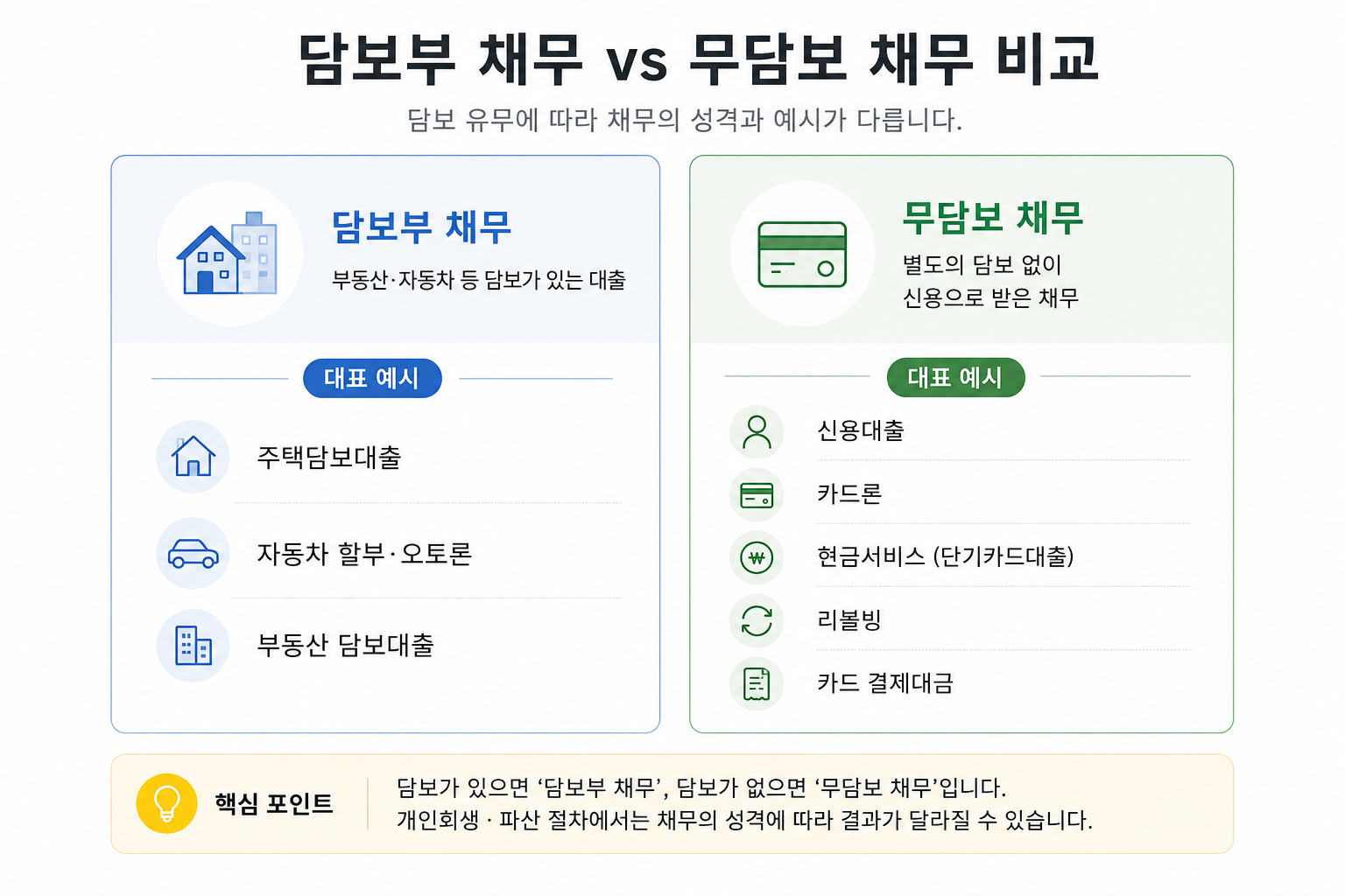 담보부 채무와 무담보 채무의 차이와 대표 사례를 비교한 인포그래픽