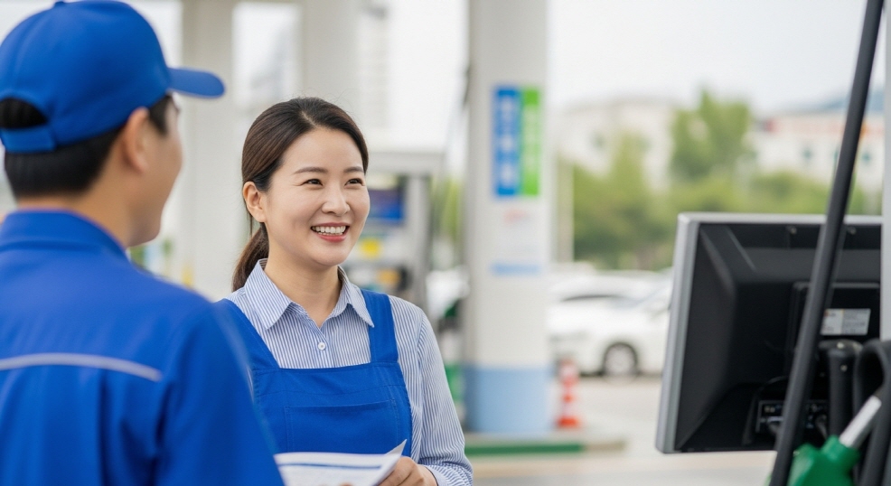 주유소 직원과 웃으며 대화하는 장면