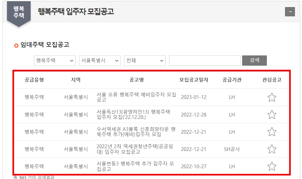 행복주택-입주자-모집공고-검색화면