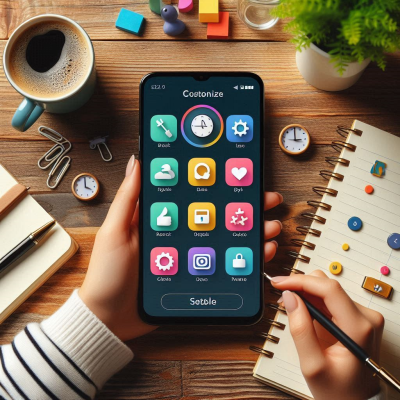 노트북과 커피가 놓인 책상 위에서 스마트폰 설정을 조작하는 손