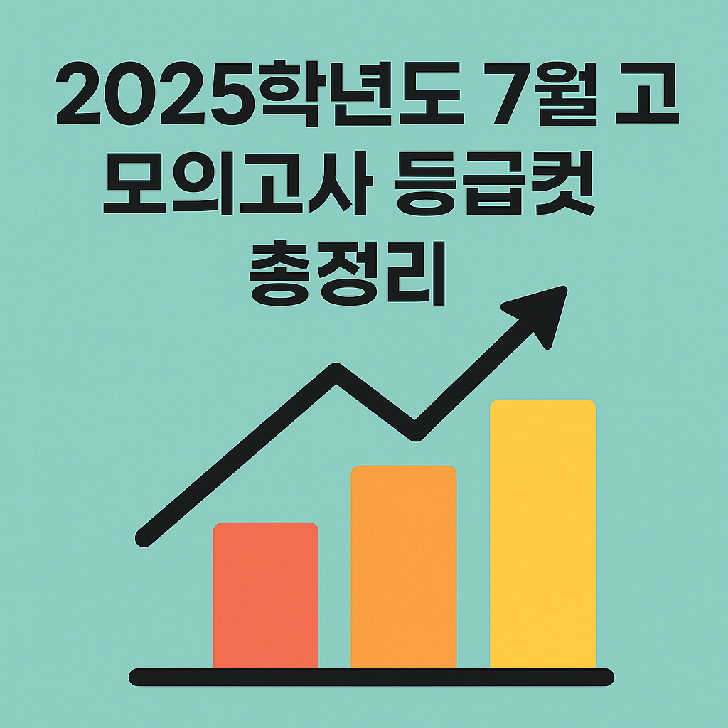 2025학년도 7월 고3 모의고사 등급컷 정보를 안내하는 썸네일 이미지, 진한 글씨로 제목이 강조되어 있고 학습과 관련된 일러스트가 함께 배치됨