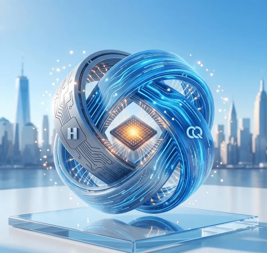 퀀티넘 IPO: 현대적인 3D 추상 조각 이미지로, 하드웨어와 소프트웨어의 완벽한 풀스택 통합을 시각화합니다. 얽힌 매듭 형태의 빛나는 구체 왼쪽은 회로 패턴과 'H' 로고가 새겨진 회색 기계 질감으로 하드웨어를, 오른쪽은 파란색 빛나는 데이터 스트림과 'CQ' 로고가 새겨진 반투명 재질로 소프트웨어를 표현합니다. 이 두 영역이 하나로 완벽하게 얽혀 있으며, 중앙에는 빛나는 양자 프로세서가 중첩되어 있습니다. 밝은 하늘 아래 현대적인 도시 스카이라인을 배경으로, 투명한 유리 위에 떠 있습니다. (Quantinuum, full-stack, hardware, Honeywell, software, Cambridge Quantum, H2 processor, quantum computing, technological fusion)