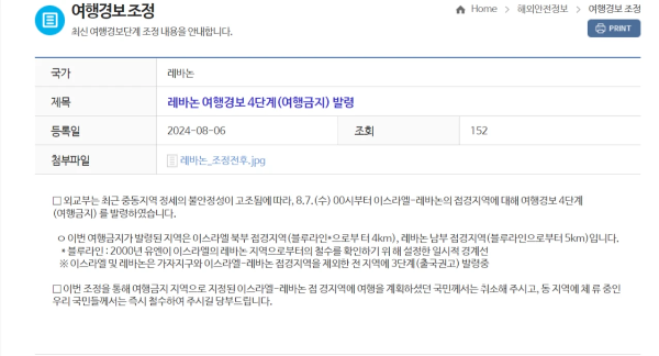 외교부-레바논-여행경보-4단계