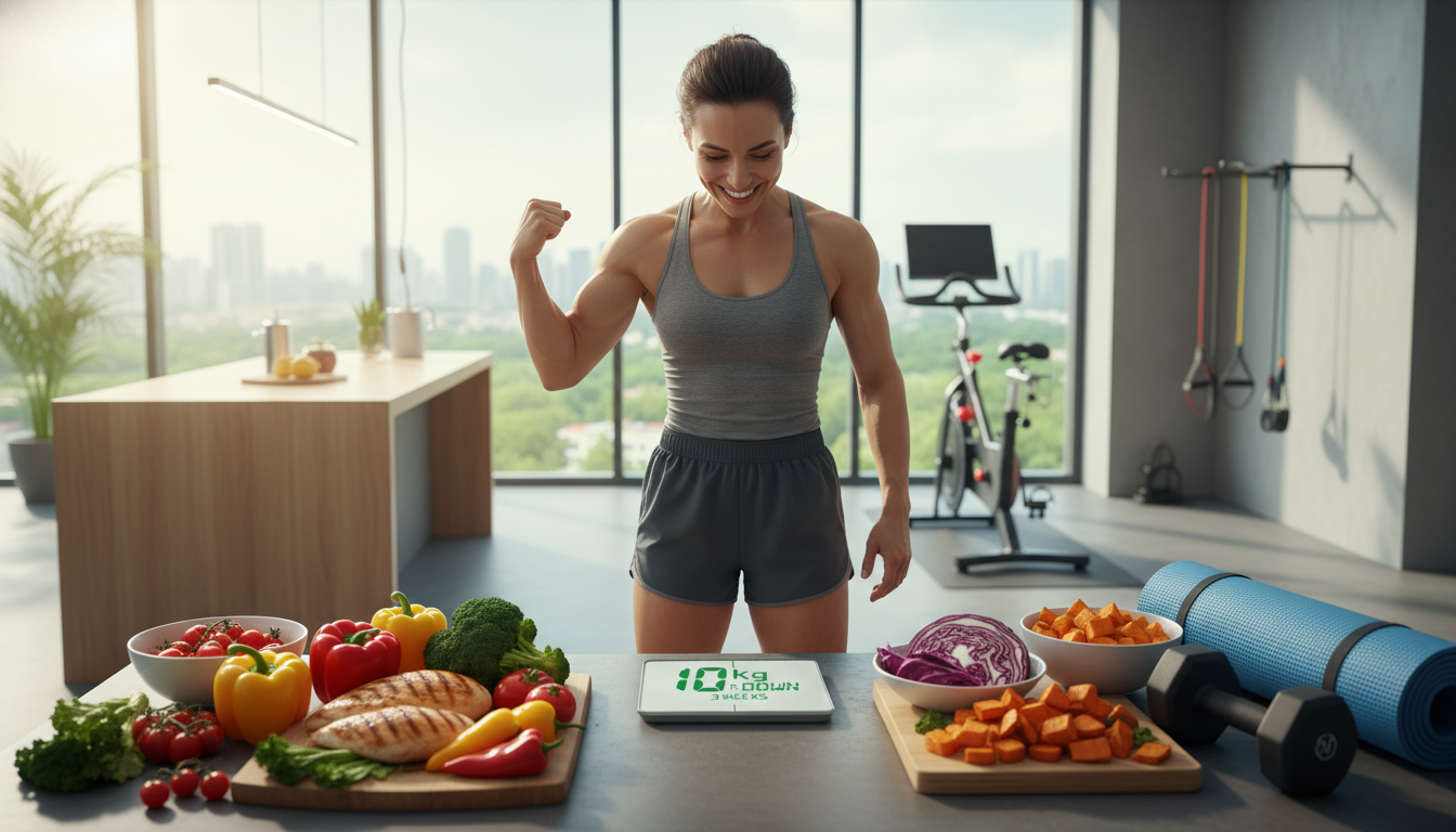 3주 만에 10kg 감량에 성공한 사람이 건강한 식단과 운동복 앞에서 활짝 웃고 있는 모습, 희망찬 다이어트 성공을 상징.