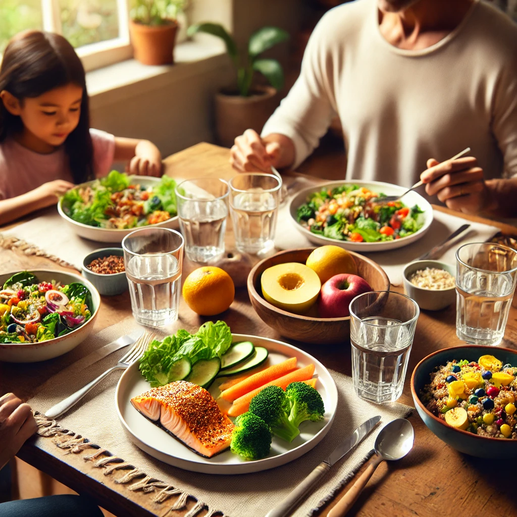 가족이 식탁에 둘러앉아 건강한 식사를 즐기는 모습. 구운 연어&amp;#44; 퀴노아 샐러드&amp;#44; 찐 채소 등의 요리가 중심을 이루며&amp;#44; 물잔과 혼합 과일 그릇이 따뜻하고 친근한 분위기를 더함