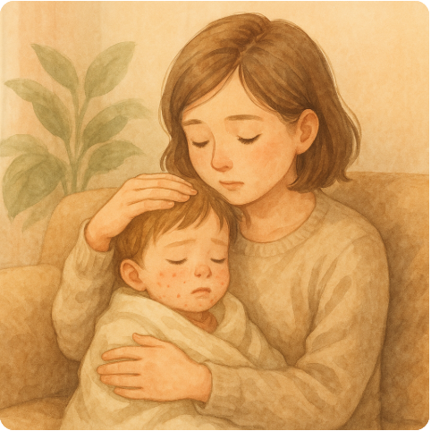 수족구병에 걸린 아이를 안고 있는 엄마