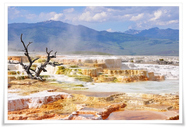 층층이 쌓인 생기 넘치는 계단식 미네랄 테라스와 증기가 뿜어져 나오는 온천의 아름다운 자연 경관