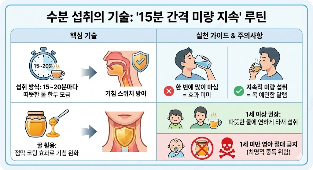 백일해 환자 수분 섭취 가이드, 15분 간격 미량 지속 섭취와 꿀 사용 시 연령별 주의사항을 설명한 도식