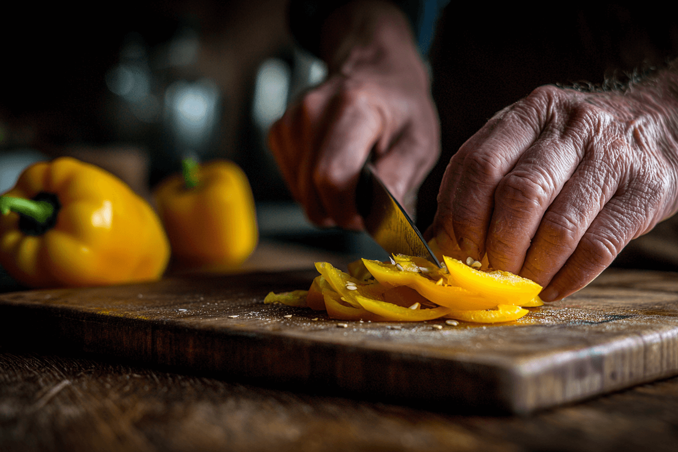 도마-위에서-파프리카를-썰고-있는-모습