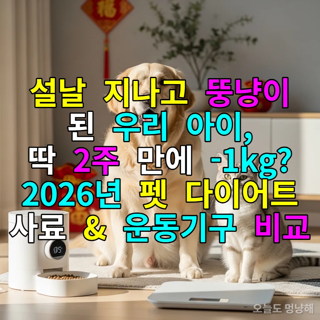 거실에 앉아있는 통통한 골든 리트리버와 코리안 숏헤어 고양이, 앞에 놓인 스마트 자동 급식기와 체중계