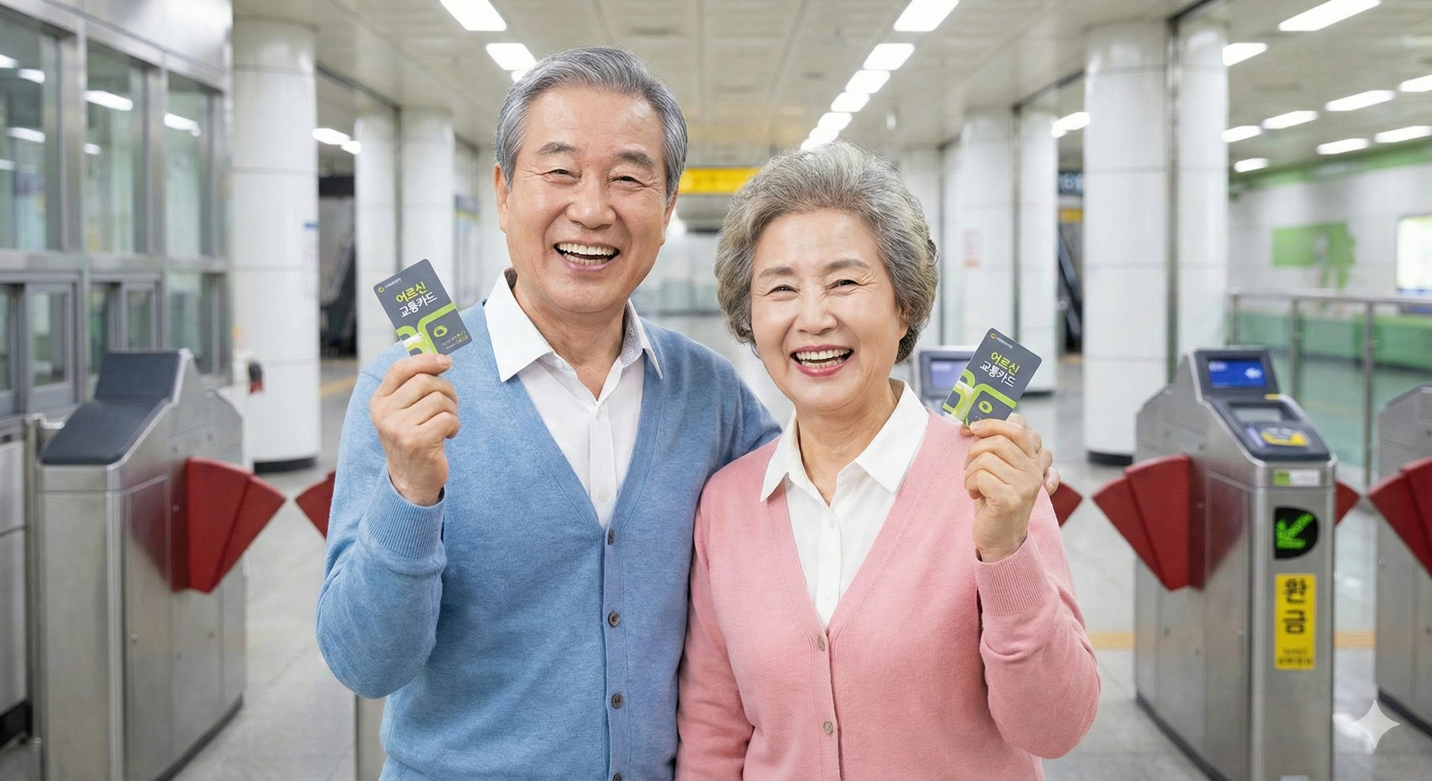 지하철 무임승차 카드를 들고 웃는 65세 이상 어르신 부부