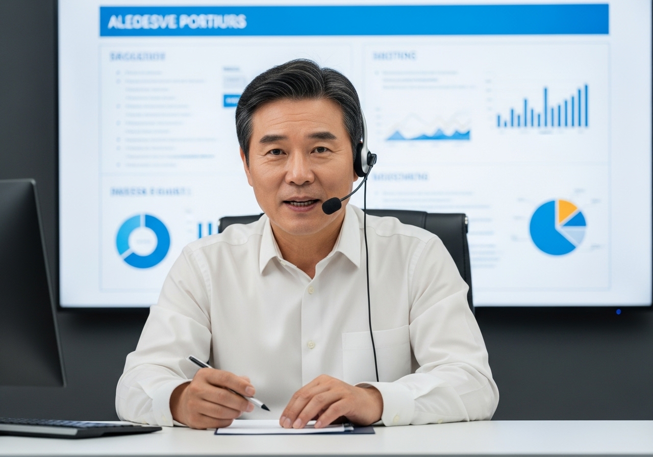 Korean man in his 50s giving online presentation