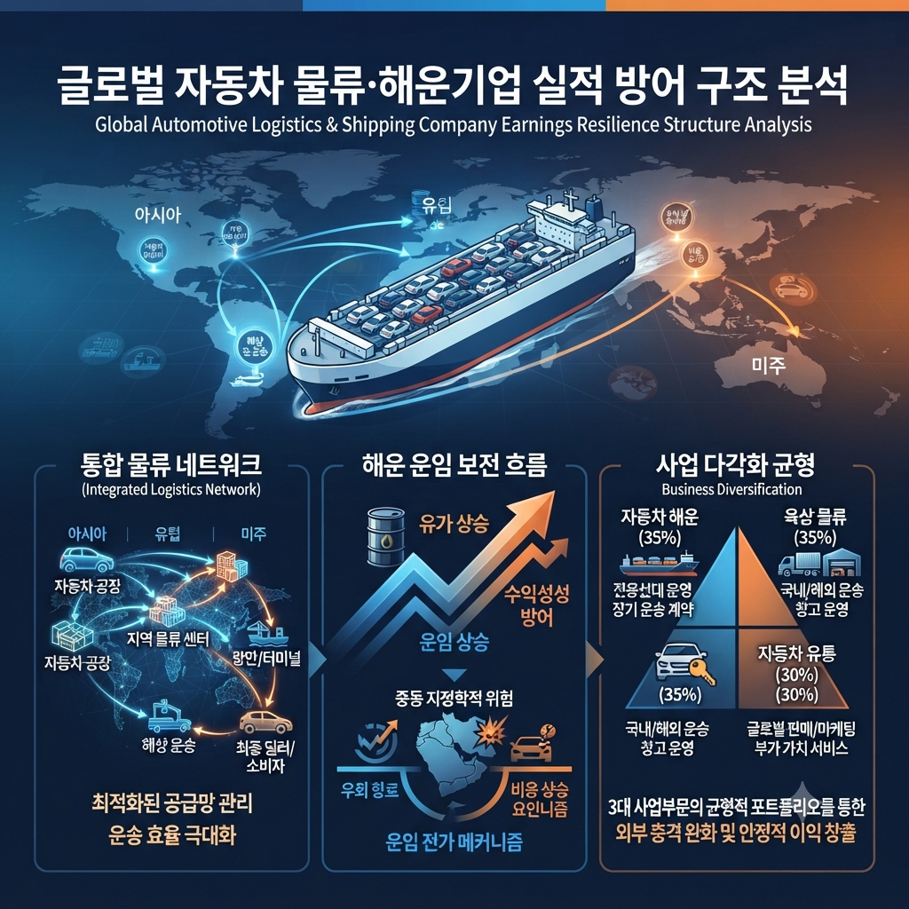 중동 지정학적 리스크와 유가 상승에도 실적을 방어하는 현대글로비스의 사업 구조를 보여주는 금융 인포그래픽