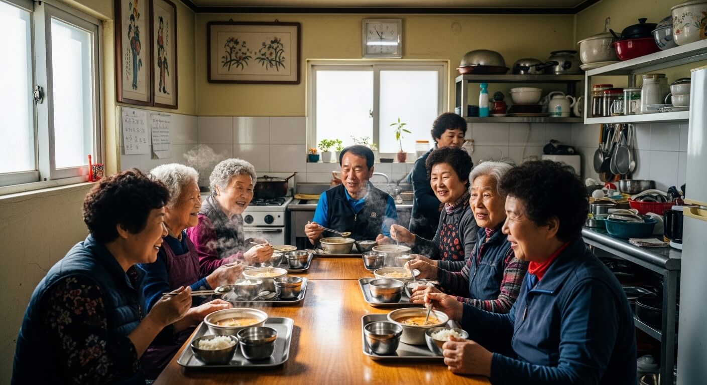 식탁에 여럿명이 같이앉아 즐겁게 식사를 하는 모습