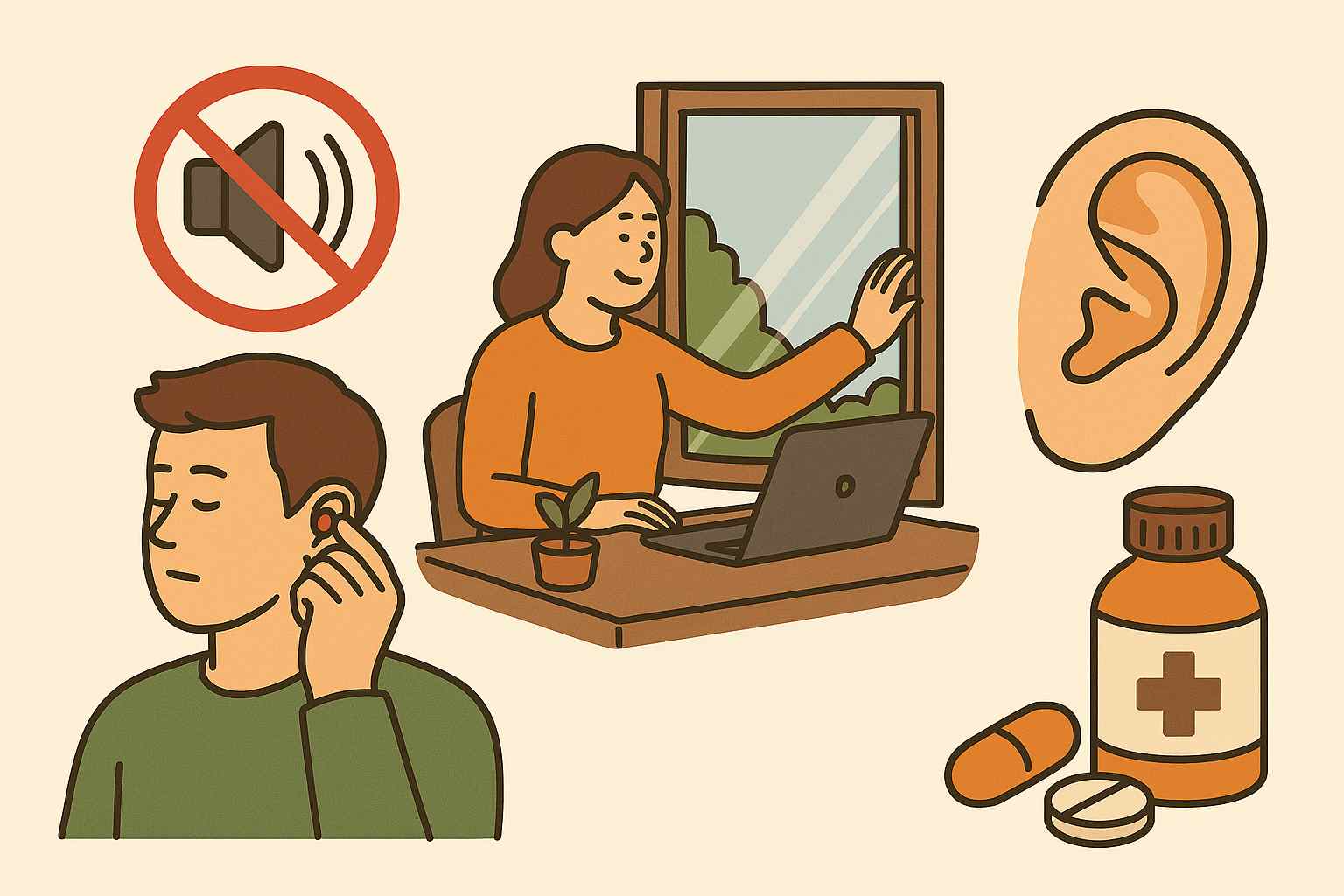 청력 보호를 위한 소음 차단 습관, 생활 환경 조절, 귀 건강 유지를 표현한 건강 일러스트