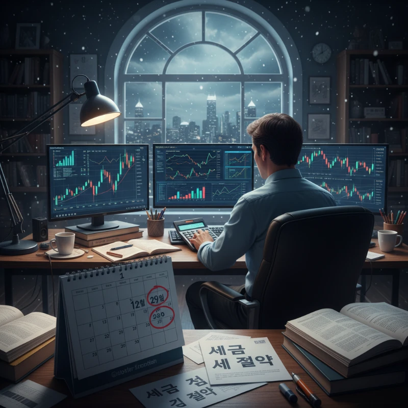 2025년 주식 폐장일을 앞두고 대주주 양도세 회피를 위해 매도 시점을 분석하는 투자자의 모습