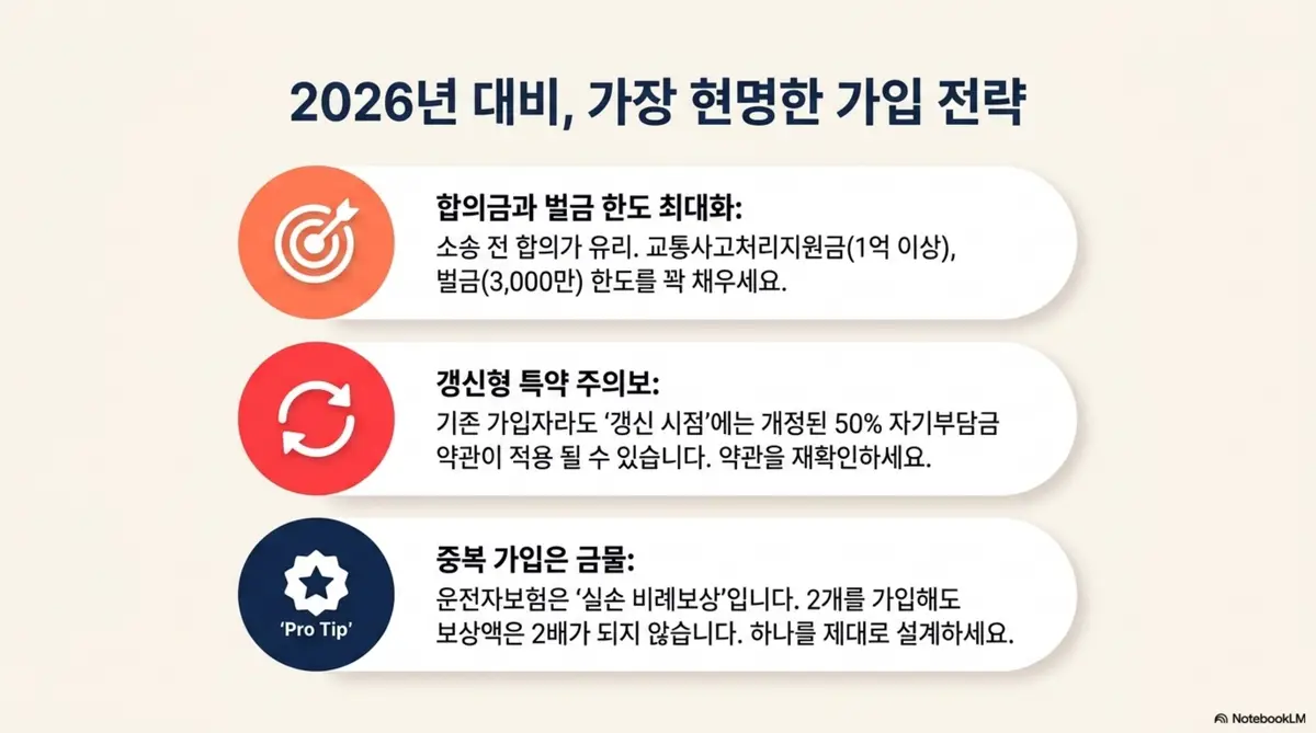 자동차보험 운전자보험 차이: 2026년 운전자보험 개정에 대비한 현명한 가입 전략 3가지를 정리한 인포그래픽 이미지. 합의금과 벌금 한도 최대화 그리고 갱신형 특약 약관 재확인 및 중복 가입은 실손 비례보상이라 하나를 제대로 설계하라는 실전 팁을 아이콘과 함께 시각적으로 전달함 
