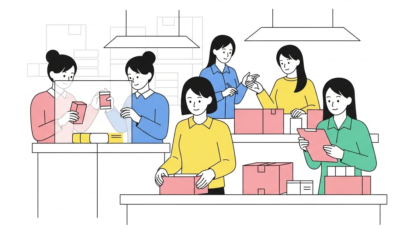 쿠팡 물류센터에서 여성 근무자들이 함께 포장 작업을 하는 장면, 여자 전용 알바 환경은 실제로 존재한다는 점을 이해해야 합니다.