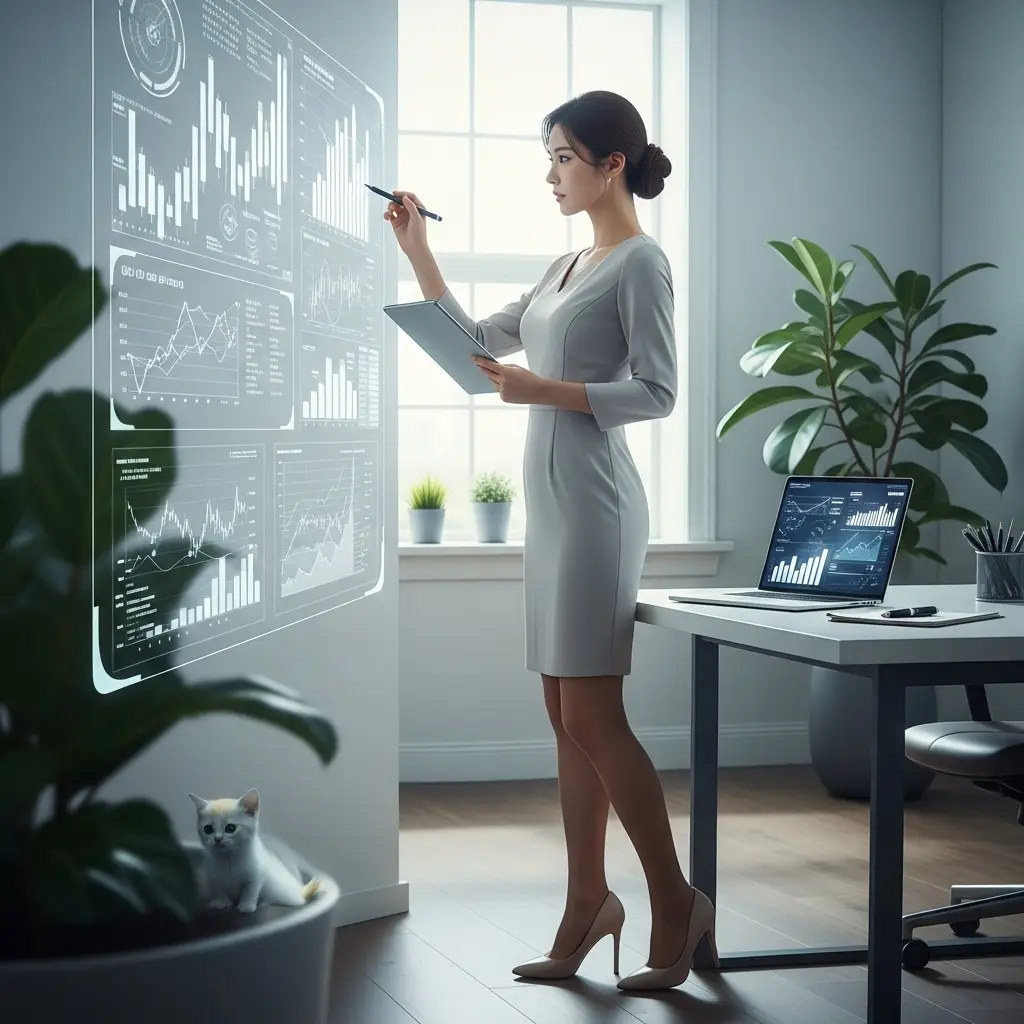 한국인 여성이 밝고 현대적인 오피스에서 투명 스크린의 복잡한 금융 데이터를 분석하고 있는 모습