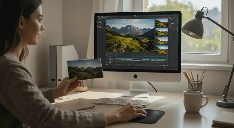 한 여성이 책상에 앉아 풍경 사진을 보며 데스크탑 영상 편집 소프트웨어로 사진을 동영상으로 변환하는 작업을 하는 모습