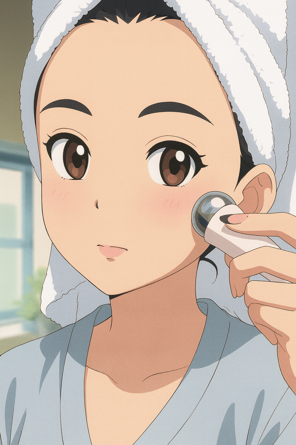 미세전류 디바이스 중 하나를 얼굴에 사용하는 동양인 여성의 애니메이션 스타일 일러스트 – 얼굴 리프팅과 피부 탄력을 위한 홈케어 장면