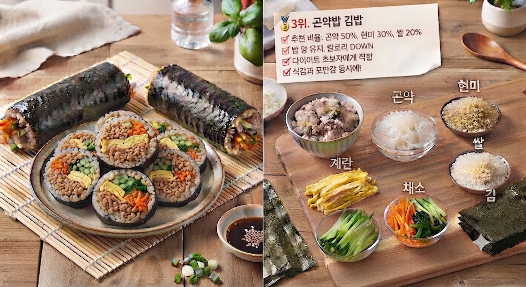 다이어트 김밥 순위 3위, 곤약밥 김밥 - 곤약, 현미, 쌀의 황금비율 밥과 다양한 속재료