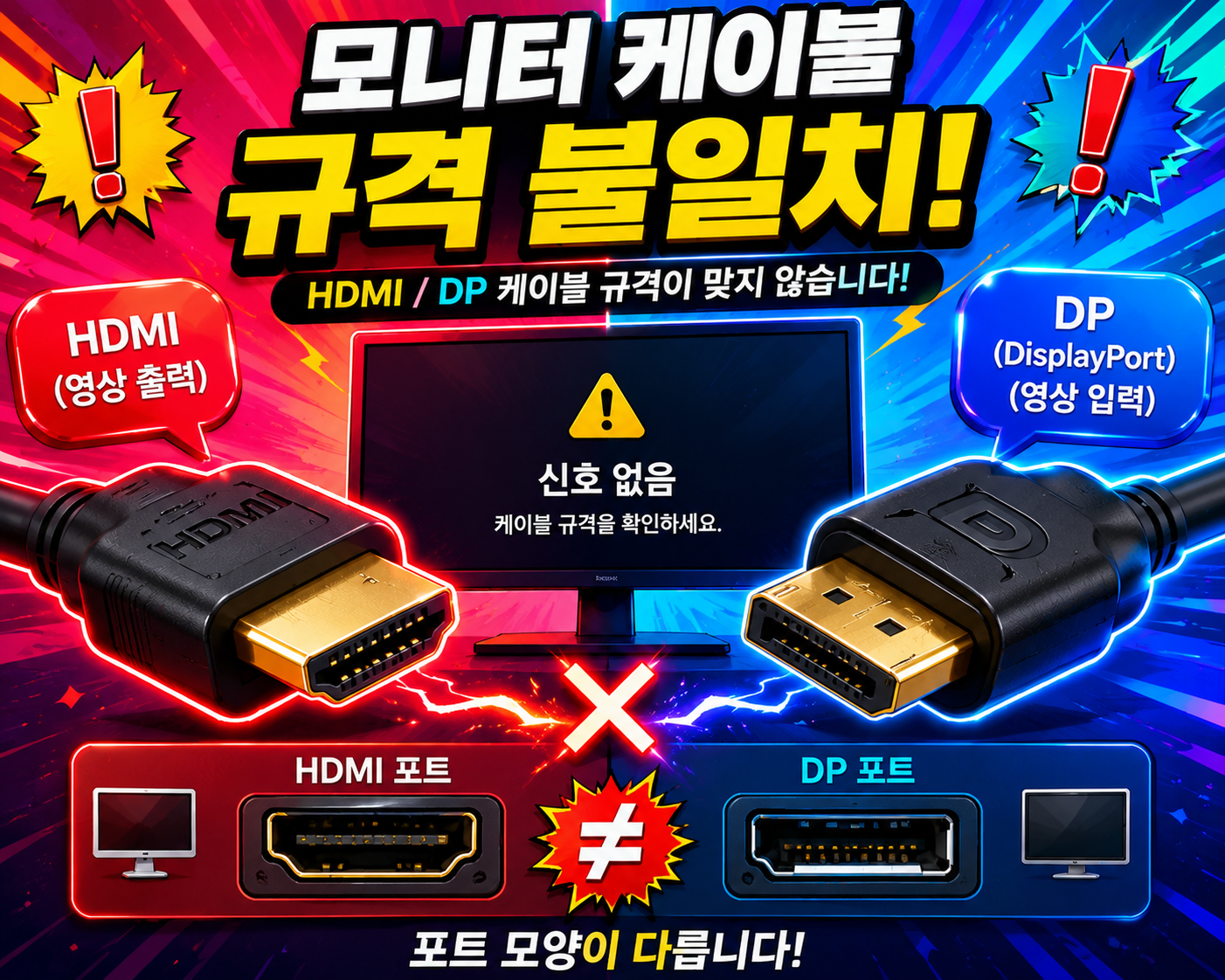 모니터 HDMI DP 케이블 규격 불일치 화면 안나옴 해결방법 총정리 해상도 주사율 지원 확인