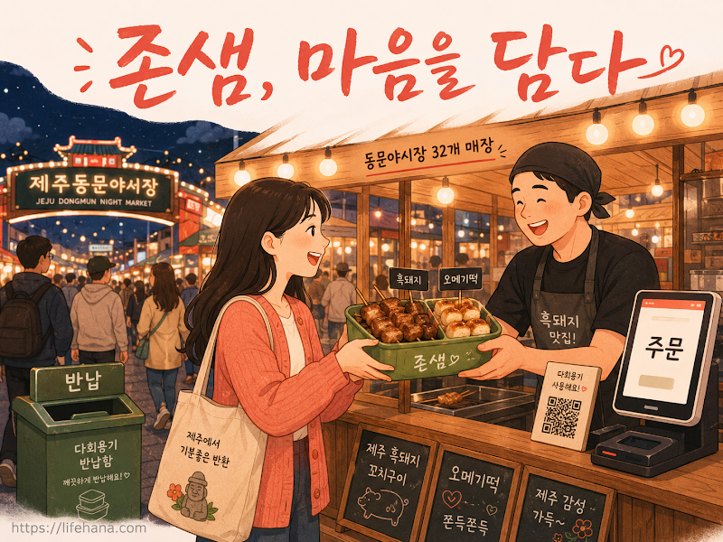 동문시장 야시장 QR코드 주문 키오스크와 다회용기 반납 코너