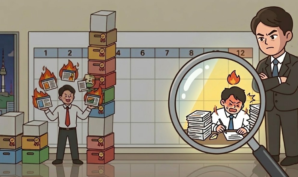 연간 달력 배경 앞에서 팀장이 커다란 돋보기를 통해 11월에만 반짝 열심히 일하는 직원의 모습만 집중해서 들여다보며 흡족해하는 반면, 상반기에 산더미처럼 높은 성과를 쌓아 올린 직원은 팀장의 시선에서 완전히 소외되어 있어, 직장 내 인사고과 평가 시 발생하는 최신 효과를 표현