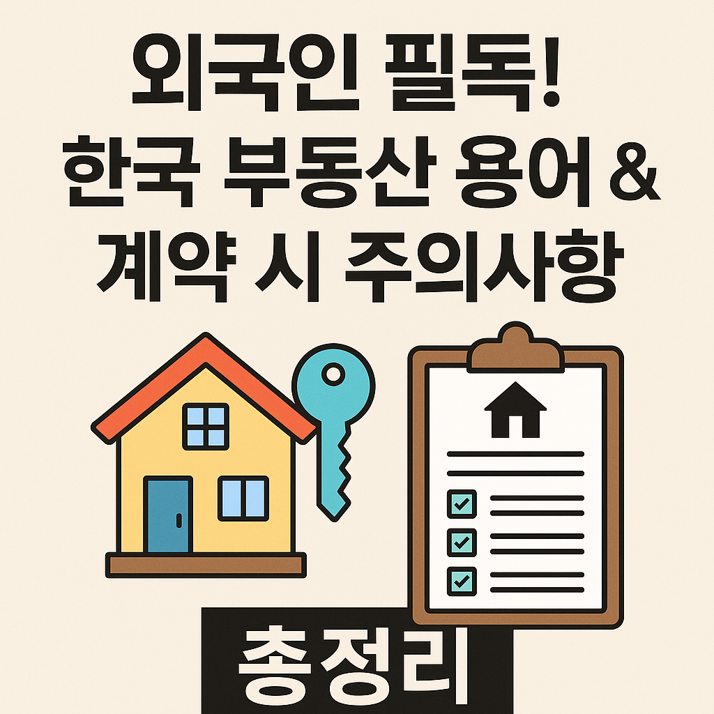 &ldquo;외국인을 위한 한국 부동산 계약 가이드 썸네일 이미지. 집 아이콘, 열쇠, 체크리스트가 있는 클립보드와 함께 &lsquo;외국인 필독! 한국 부동산 용어 &amp; 계약 시 주의사항 총정리&rsquo;라는 텍스트가 포함되어 있음.&rdquo;