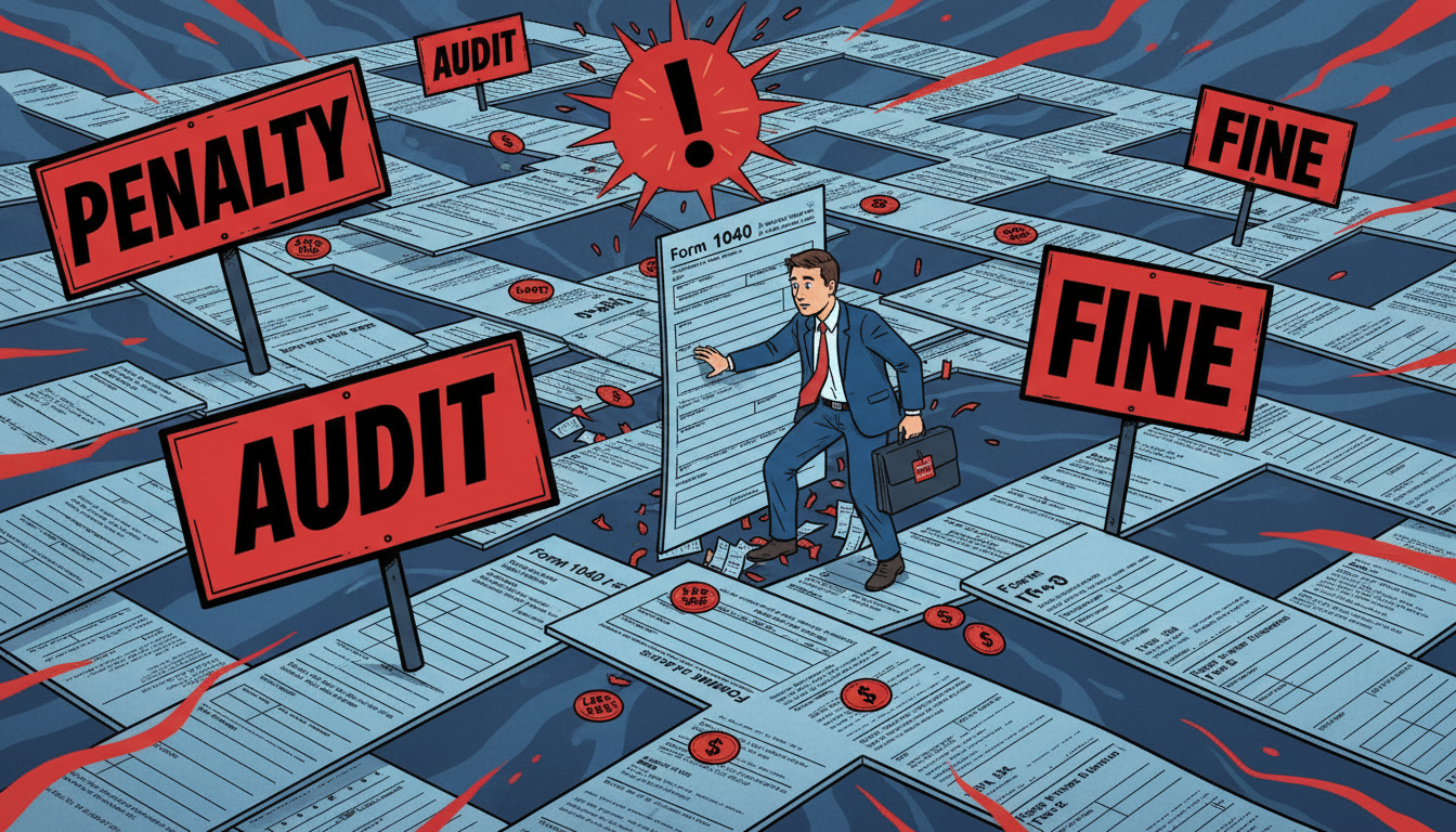 세금 서류와 벌금 표지판으로 이루어진 복잡한 미로를 조심스럽게 헤쳐나가는 사람의 모습으로, 세금 신고 시 주의사항을 상징