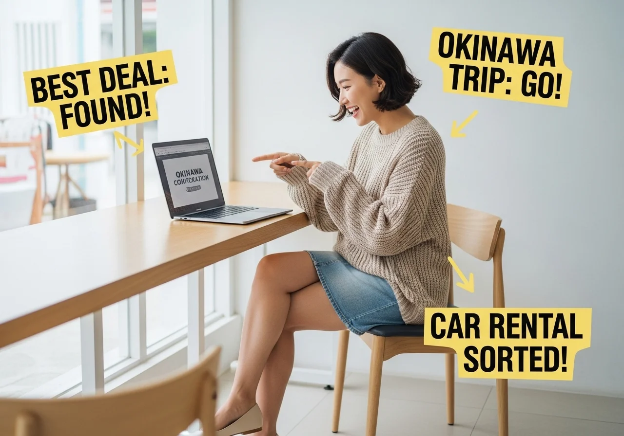 오키나와 여행계획을 세우고 렌트카 예약을 준비하는 여행자의 모습